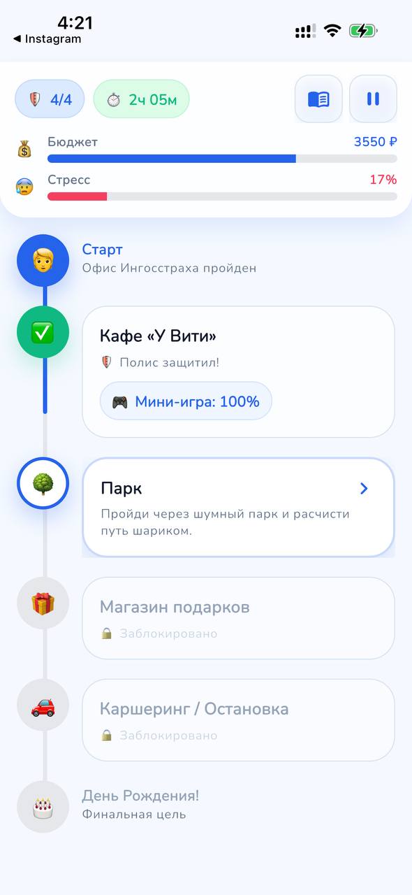Экран игры с вертикальным таймлайном всех локаций маршрута